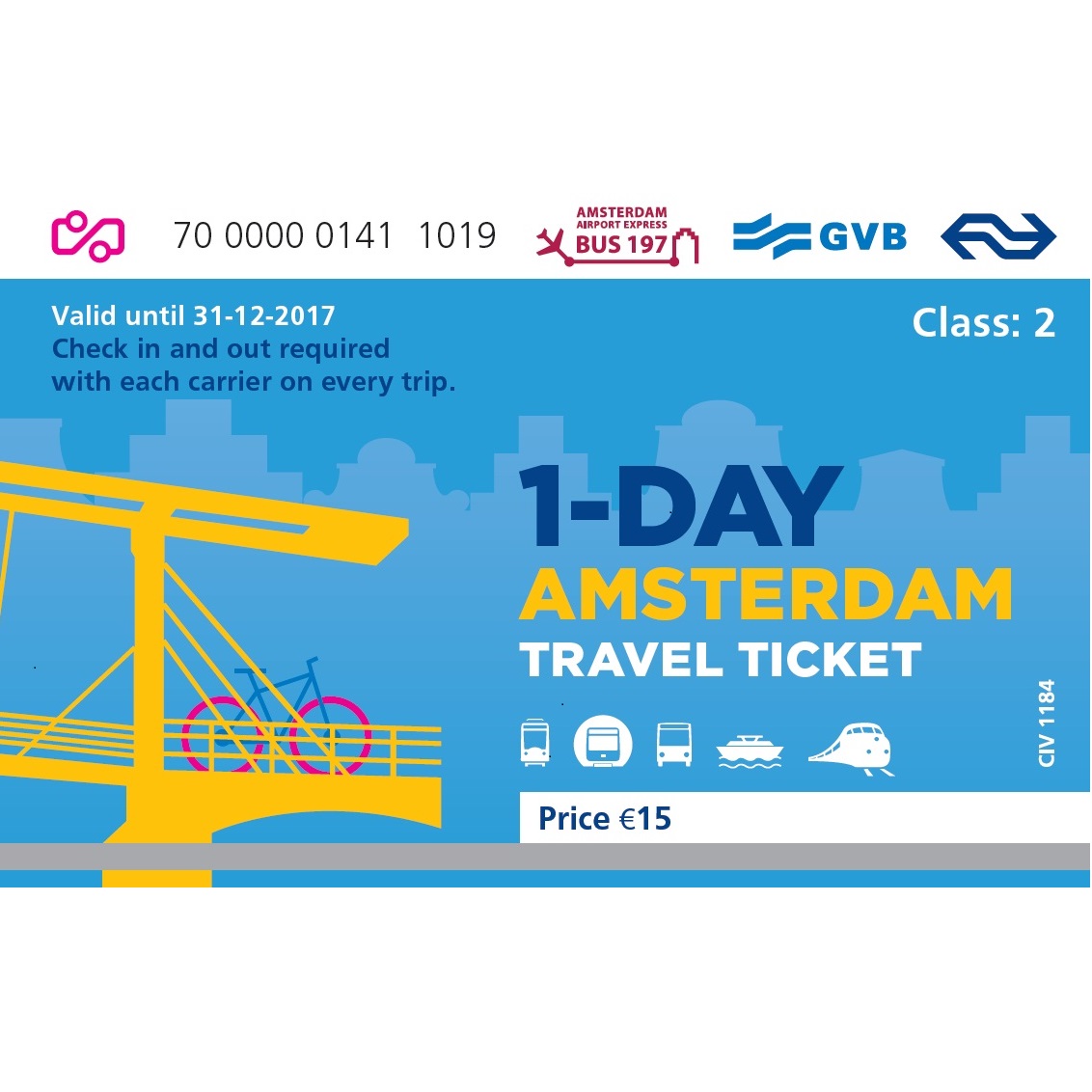 GVB Amsterdam Travel Ticket 1-dags
